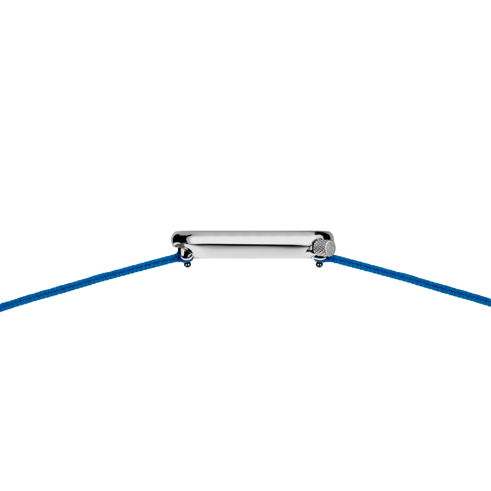 Watch case with blue fabric band attached at both ends, overhead view