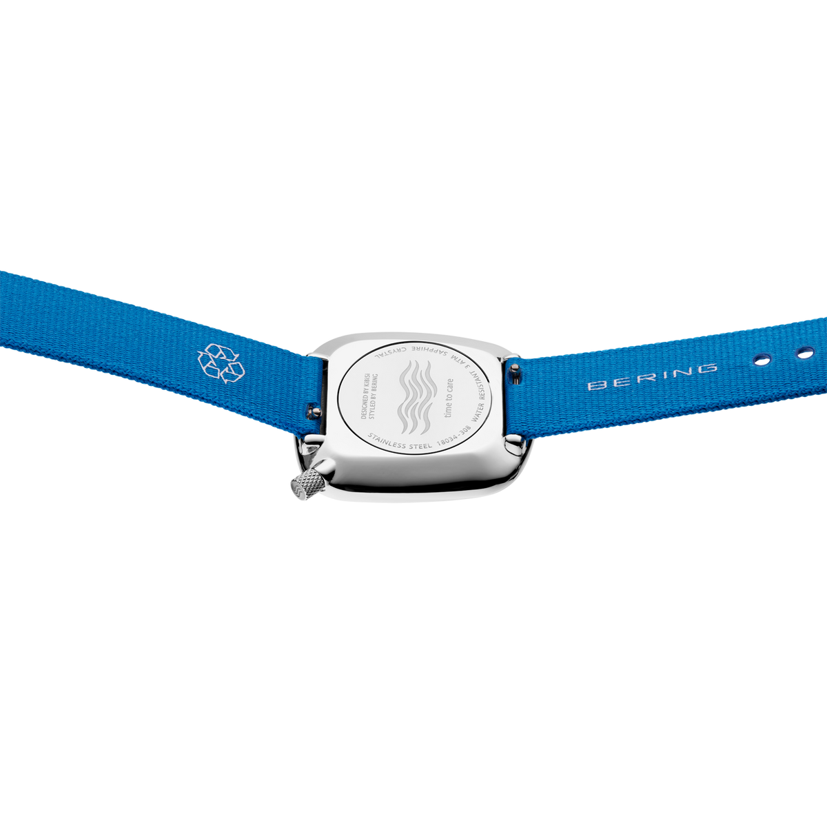 Watch with blue fabric strap featuring BERING logo and silver rectangular case