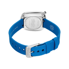 Watch back view with silver case and blue fabric strap with metal buckle