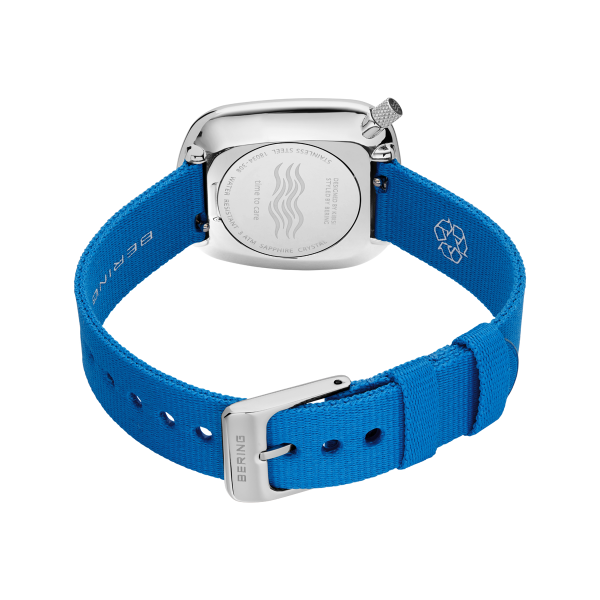 Watch back view with silver case and blue fabric strap with metal buckle