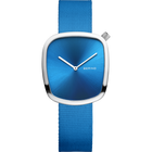 Square BERING wristwatch with blue gradient dial, white hands, silver case, and blue fabric strap