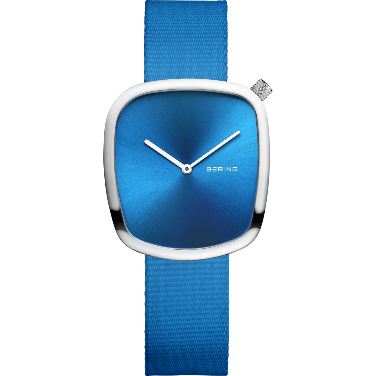 Square BERING wristwatch with blue gradient dial, white hands, silver case, and blue fabric strap