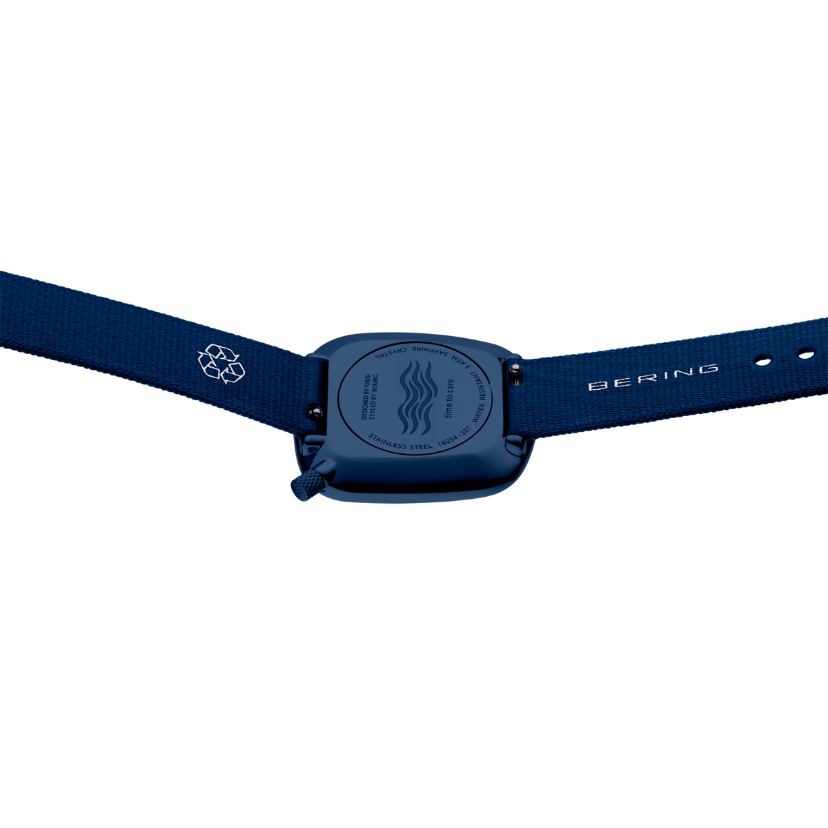Dunkelblau rechteckiges Armband-Uhr mit Stoffband, Vorderansicht von Gehäuse und Armband