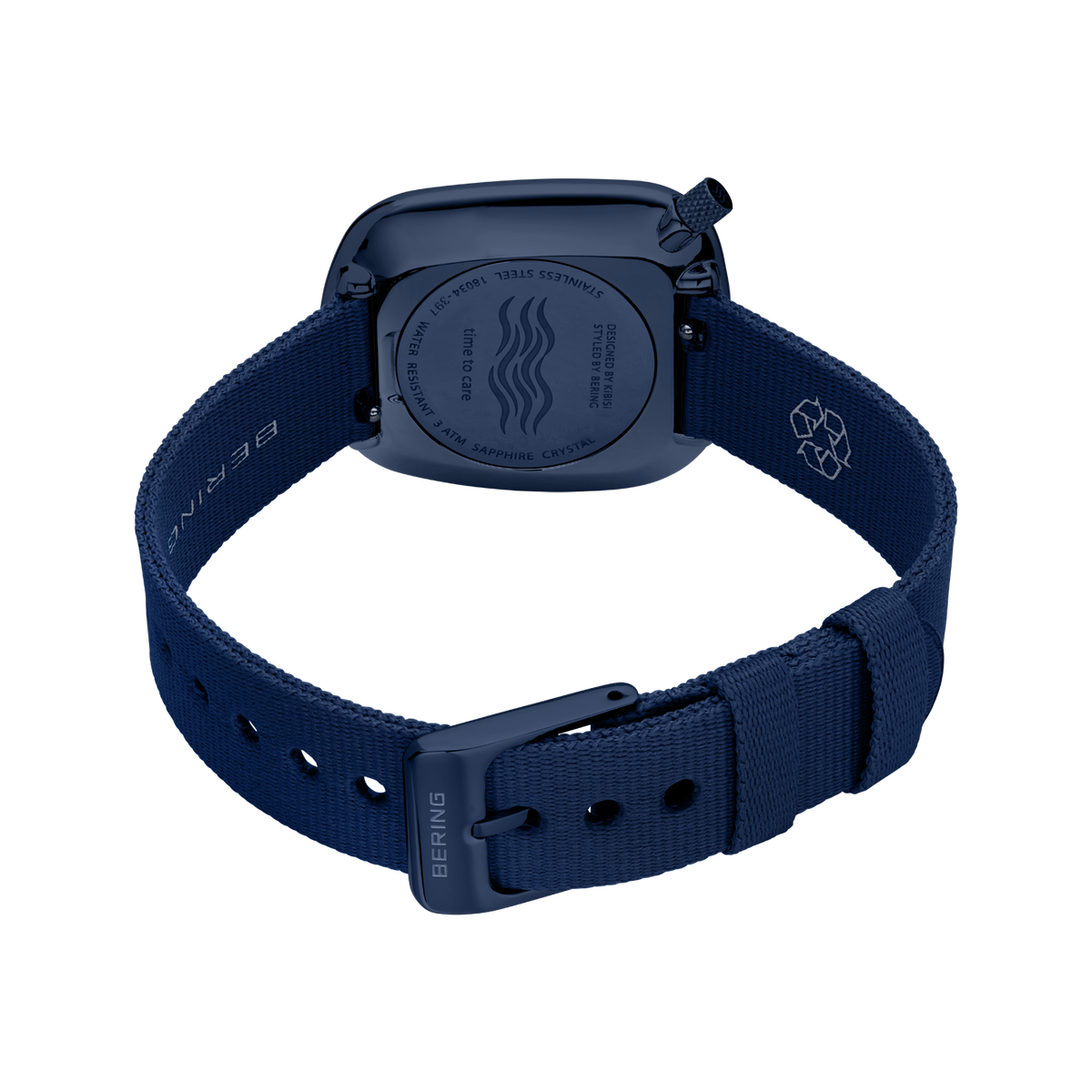 Uhr von hinten mit dunkelblauem Quadratgehäuse und passendem Armband mit Verstelllöchern.