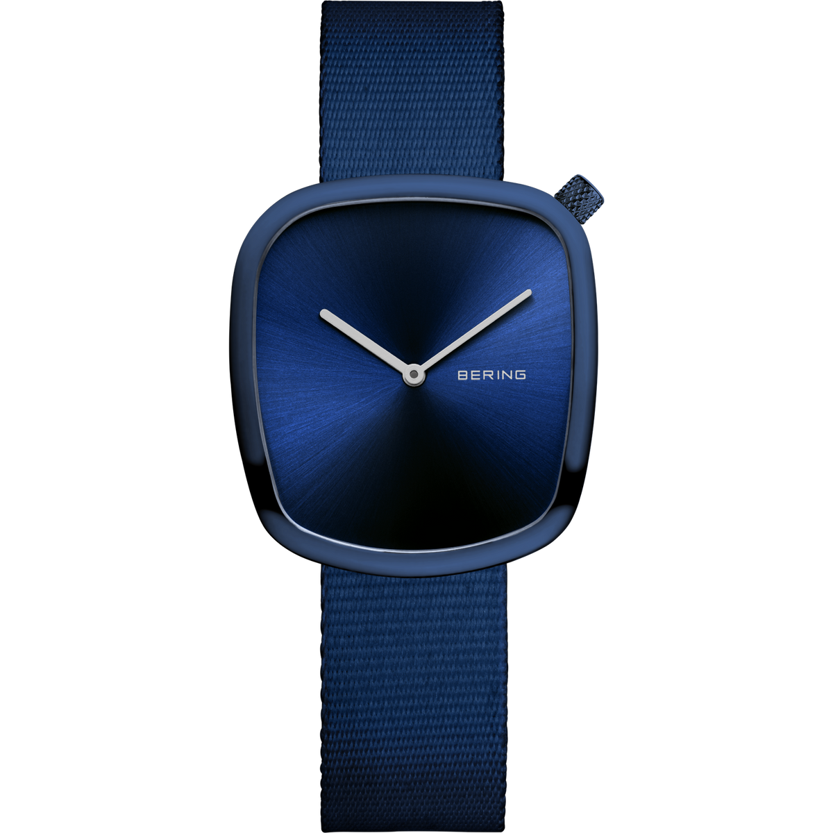 BERING Uhr mit quadratischem Gehäuse, dunkelblaues Zifferblatt, silberne Zeiger, blaues Stoffarmband