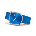 BERING wristwatch with square blue dial, white hands, and blue fabric strap, shown at side angle