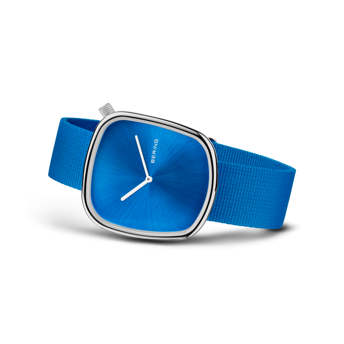 BERING wristwatch with square blue dial, white hands, and blue fabric strap, shown at side angle
