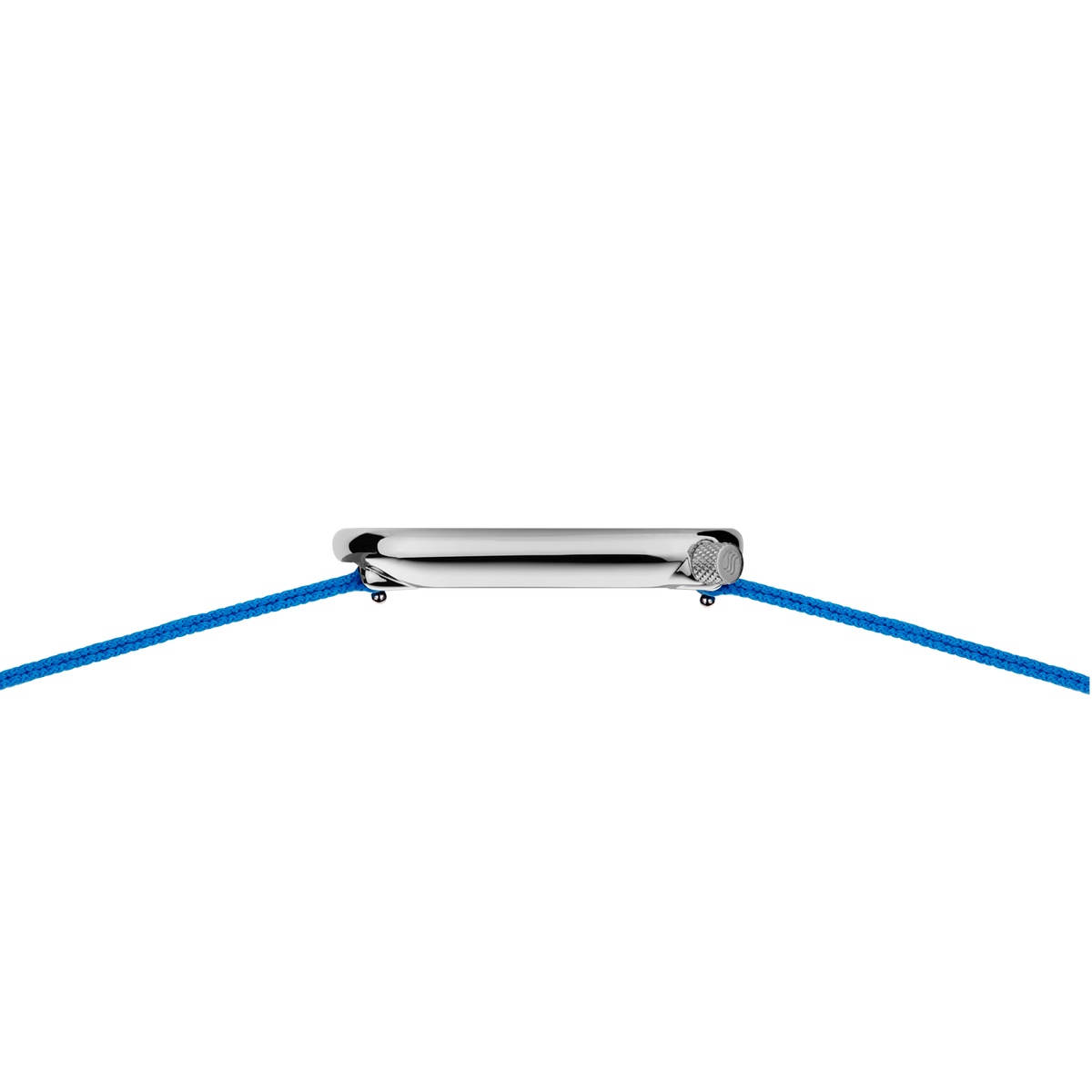 BERING wristwatch with silver rectangular case and blue textile strap, viewed from above