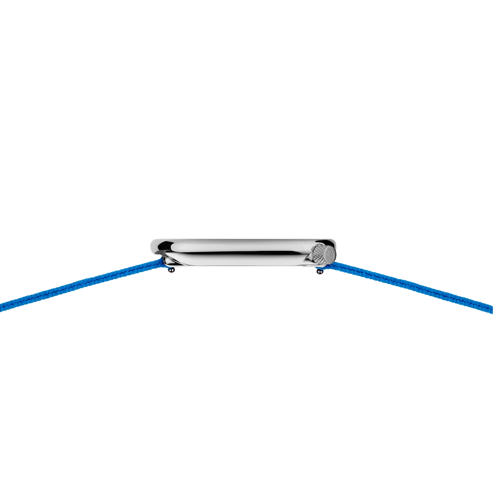 BERING wristwatch with silver rectangular case and blue textile strap, viewed from above