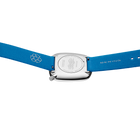 Rectangular silver watch case with blue textile strap, detail view of case and crown
