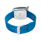 Square silver watch case with blue fabric strap and adjustment holes, viewed from above.