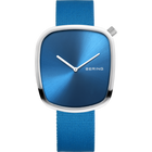 BERING Pebble Ocean Waste watch with square silver case, blue dial, and blue textile strap