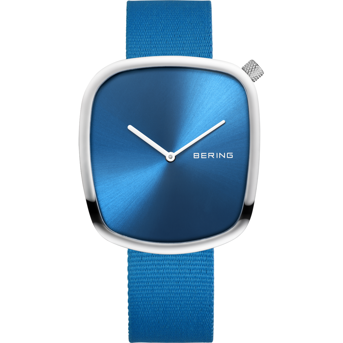 BERING Pebble Ocean Waste watch with square silver case, blue dial, and blue textile strap