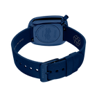 Vue arrière de la montre BERING bleu foncé avec boîtier carré et bracelet textile