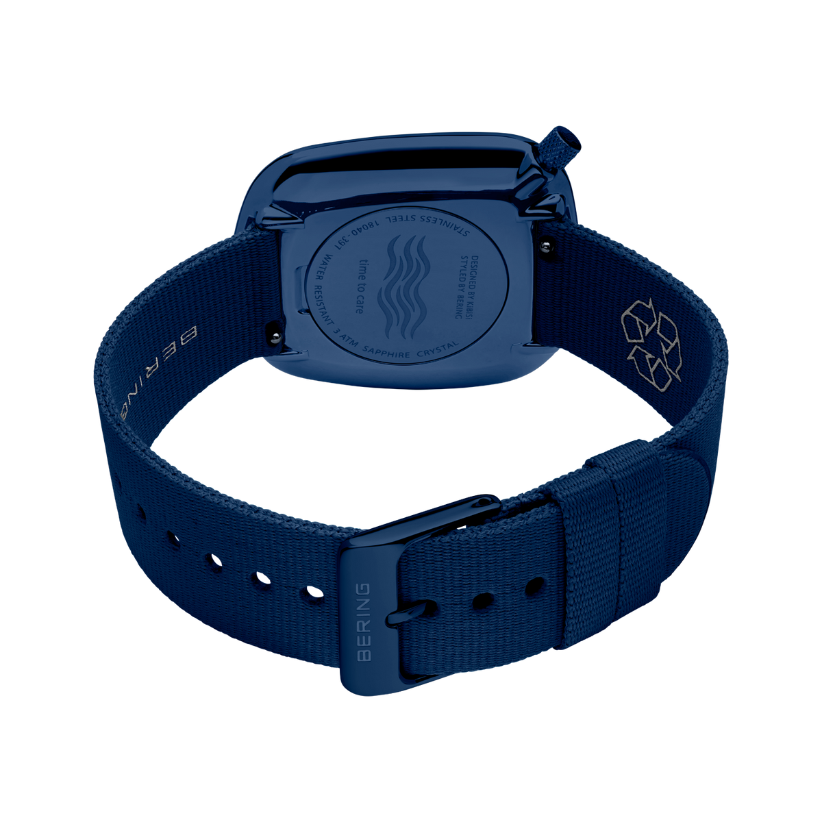 Vue arrière de la montre BERING bleu foncé avec boîtier carré et bracelet textile