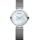 BERING horloge met rond stalen geval, helder wijzerplaat en mesh-metalen band