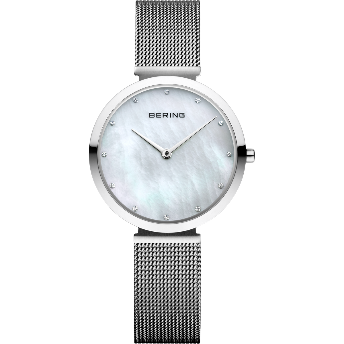 BERING horloge met rond stalen geval, helder wijzerplaat en mesh-metalen band