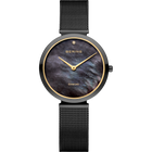 Reloj de pulsera con esfera negra, agujas doradas, texto DIAMOND, correa de malla negra y bezel dorado