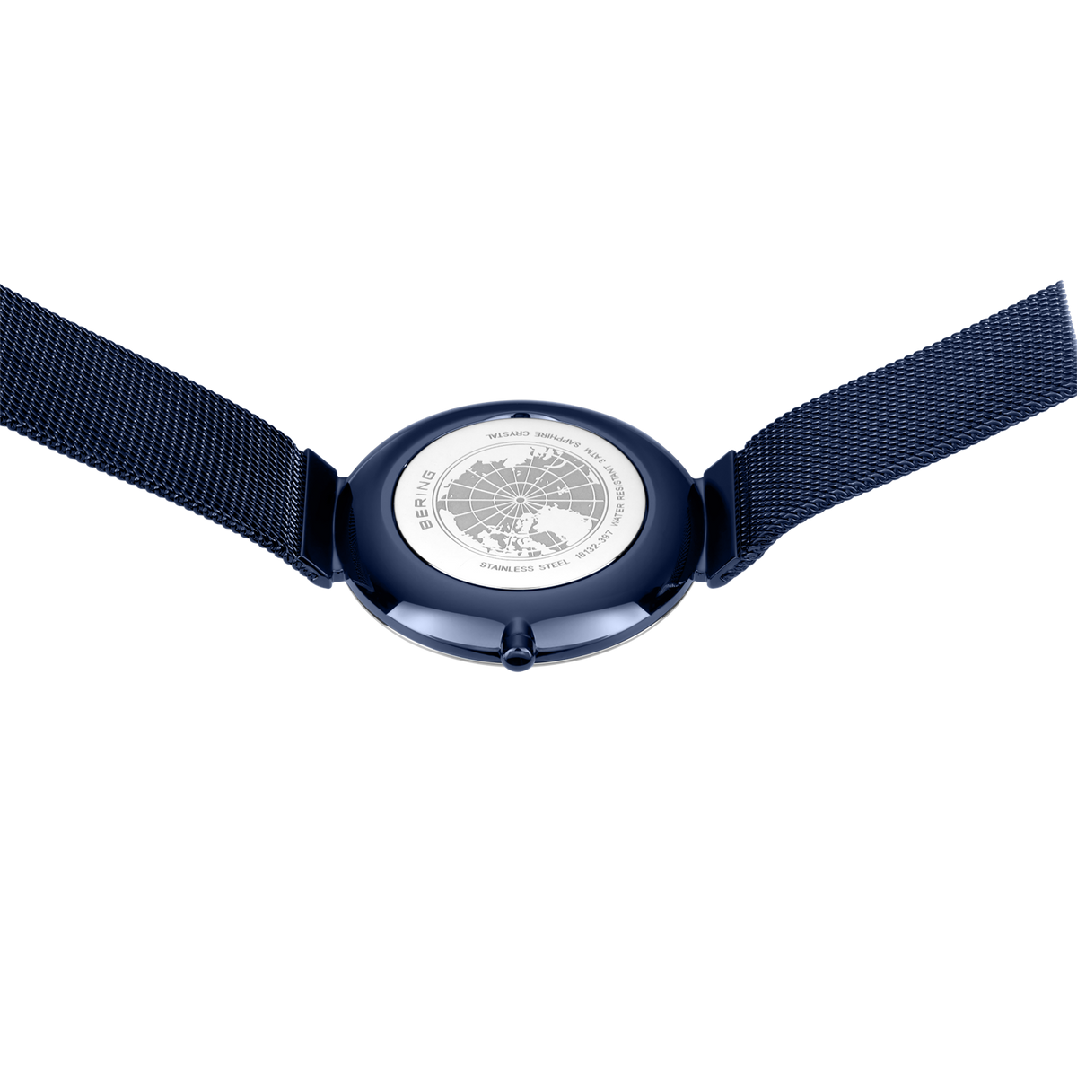 BERING horloge met donkerblauwe ronde kast en stofband, bovenaanzicht
