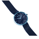 Dark blue wristwatch with white hour markers and hands, shown at angle with mesh band extending diagonally.