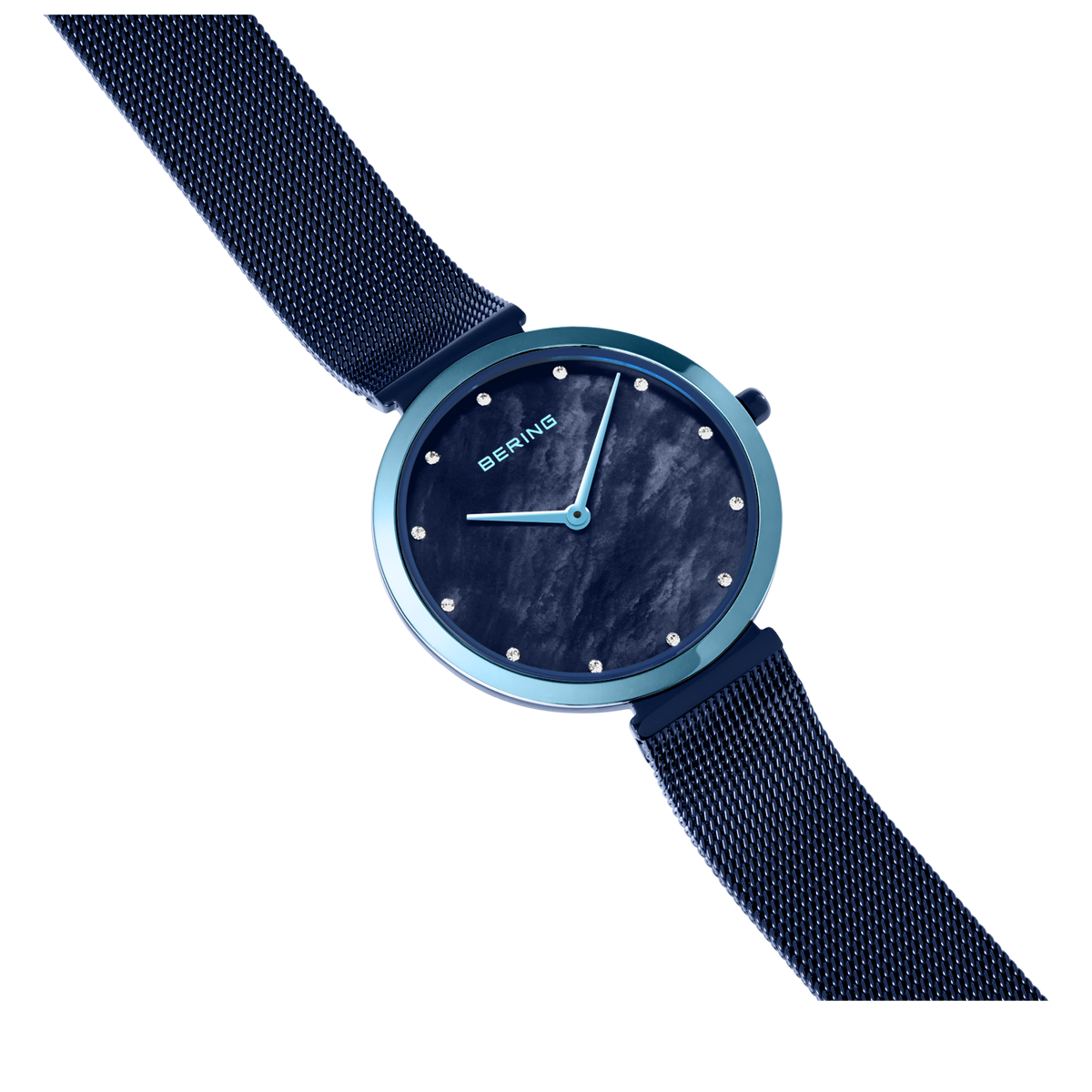Dark blue wristwatch with white hour markers and hands, shown at angle with mesh band extending diagonally.