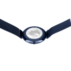 Dark blue watch case with white dial and dark blue fabric straps, top view