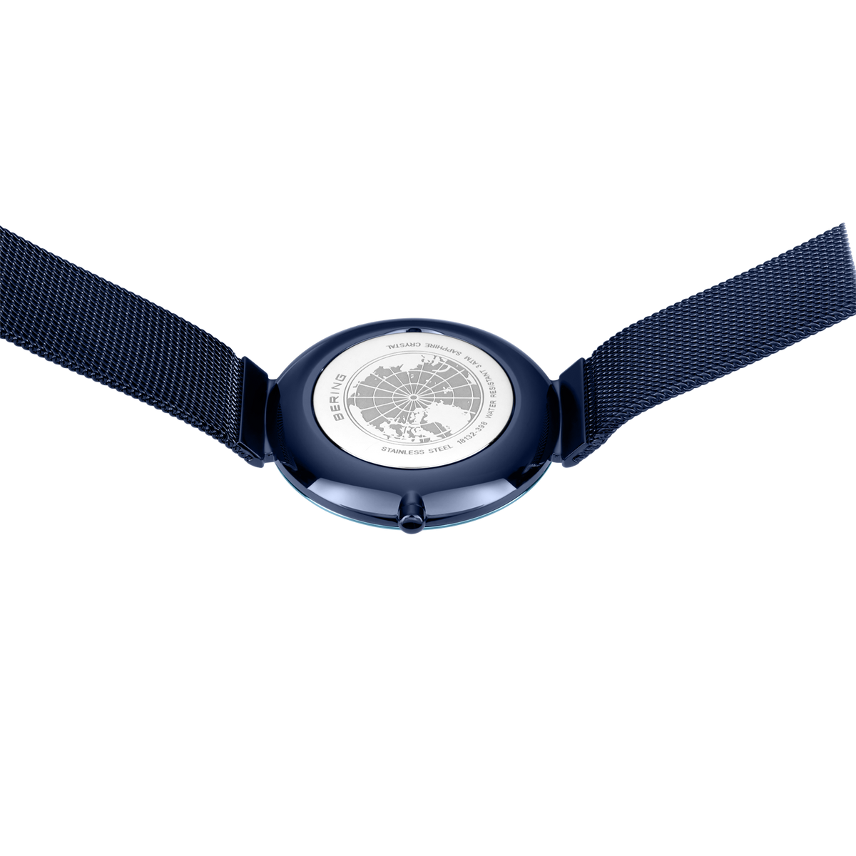 Dark blue watch case with white dial and dark blue fabric straps, top view