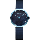 BERING wristwatch with turquoise case, dark dial, white hour markers, light blue hands, and mesh band.