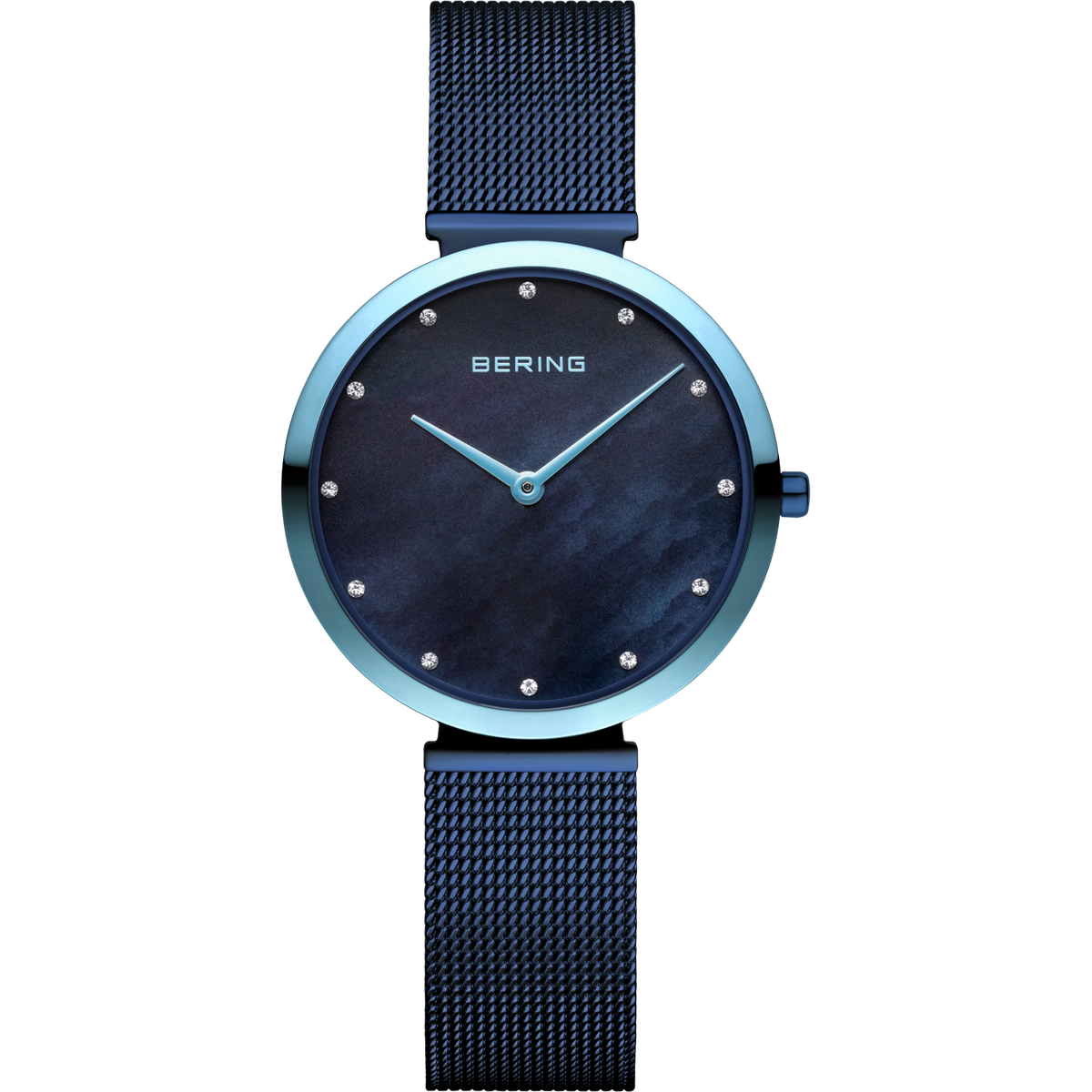 BERING wristwatch with turquoise case, dark dial, white hour markers, light blue hands, and mesh band.