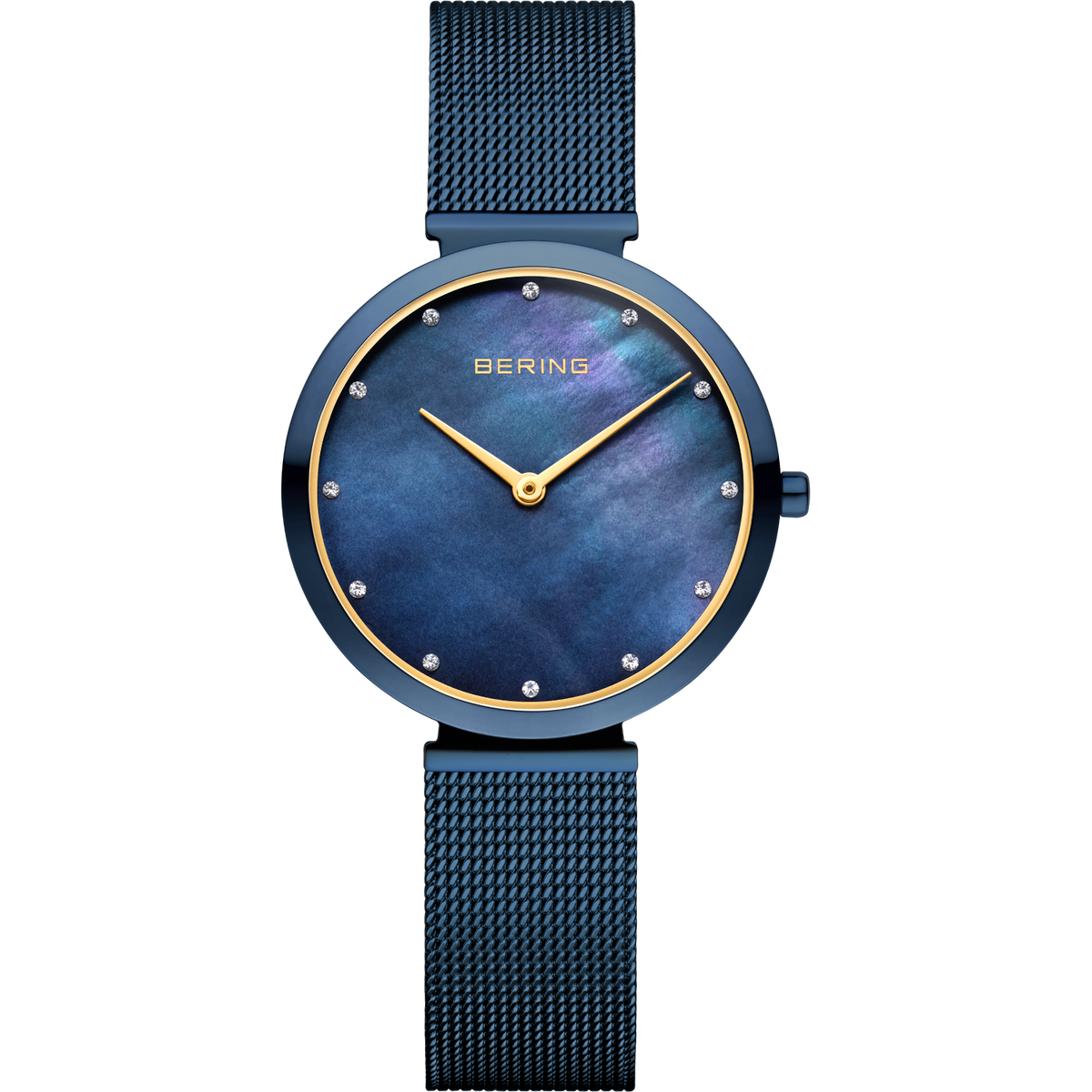 Reloj BERING modelo 18132-399 con esfera azul, bisel dorado y pulsera de malla, fotografiado de frente.