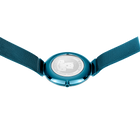 Horloge met turquoise rond geval en witte wijzerplaat, van boven met uitgespreid stofband