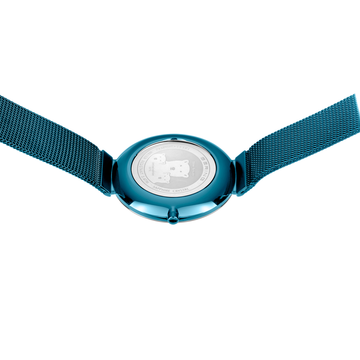 Horloge met turquoise rond geval en witte wijzerplaat, van boven met uitgespreid stofband