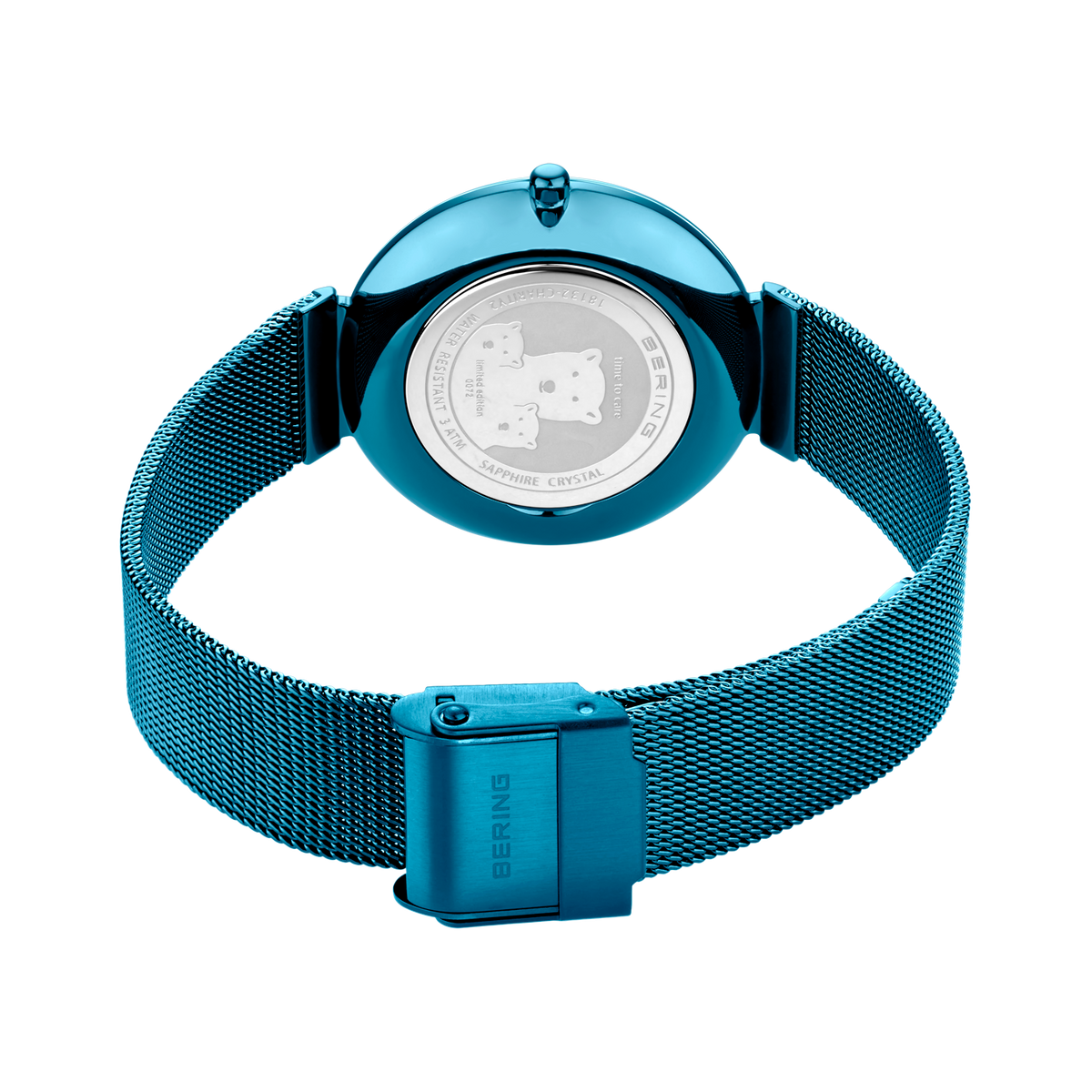 Turquoise horloge met mesh band, gefotografeerd van bovenaf, caseback zichtbaar