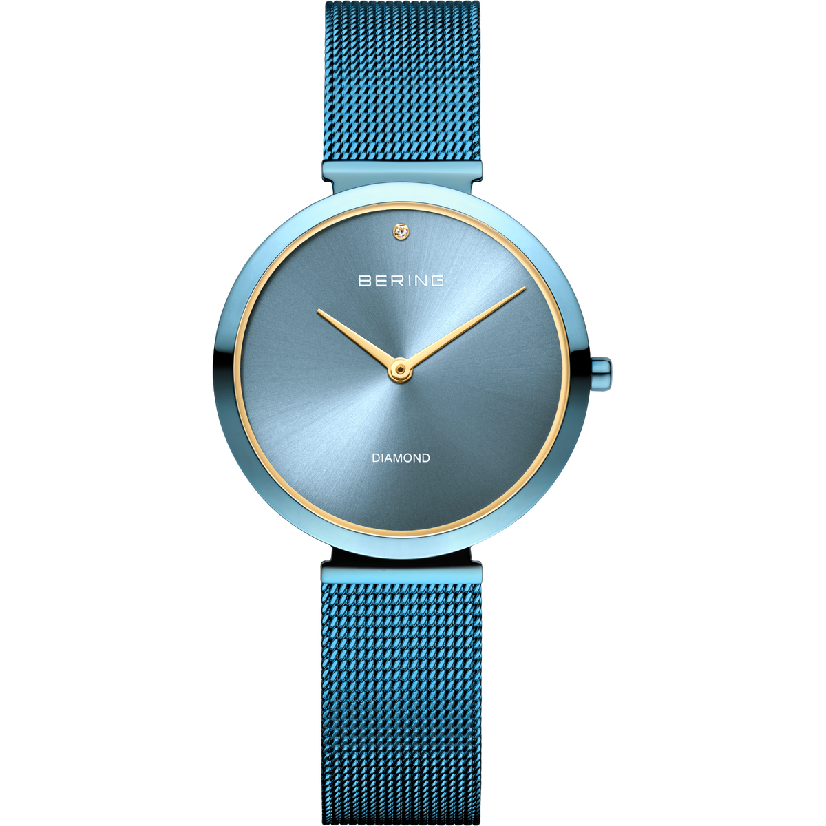 Blue dial wristwatch with gold case and blue mesh bracelet, frontal view