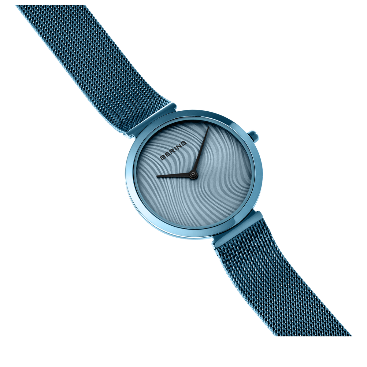 Light blue circular watch with mesh band, photographed at angle with minimalist striped dial.