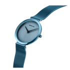 Teal mesh-band wristwatch with grooved dial, angled view