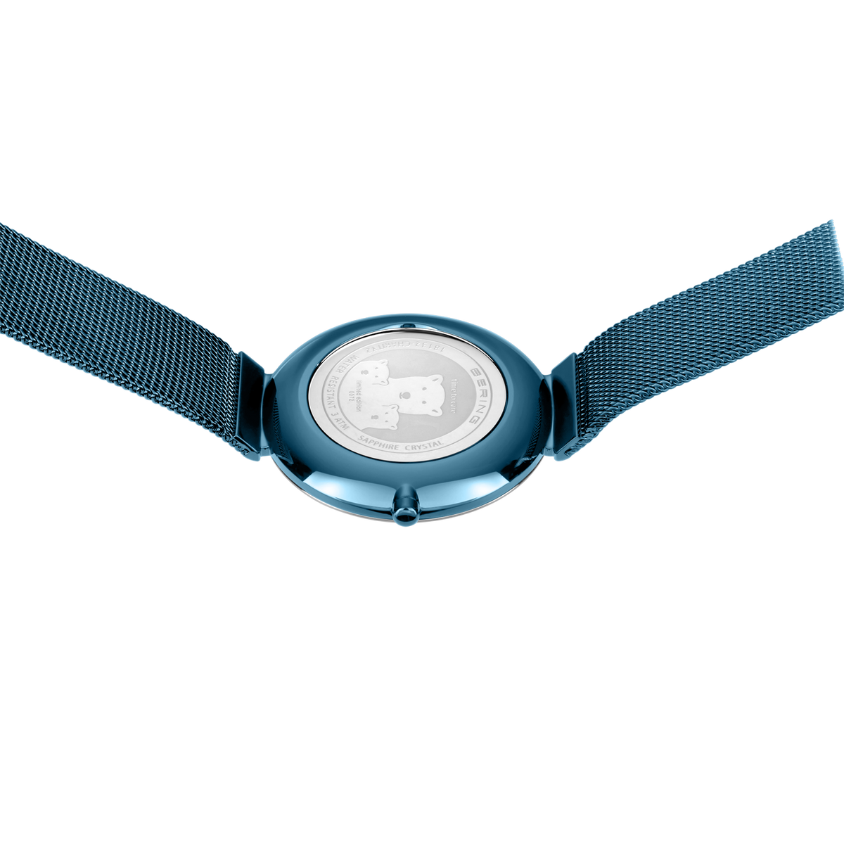 BERING Charity2 blue wristwatch caseback detail, shown from above with strap