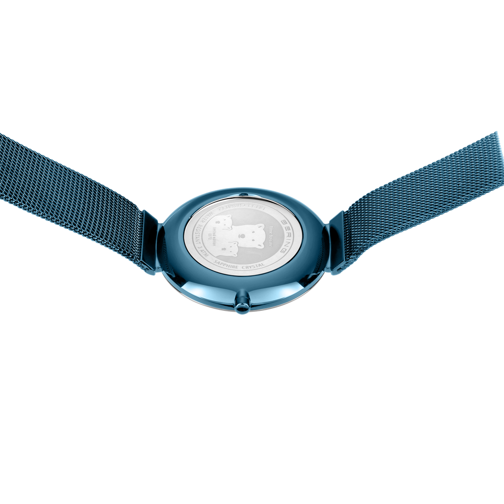BERING Charity2 blue wristwatch caseback detail, shown from above with strap