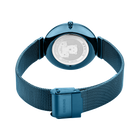 BERING Charity2 watch back view with light blue mesh band, showing caseback design