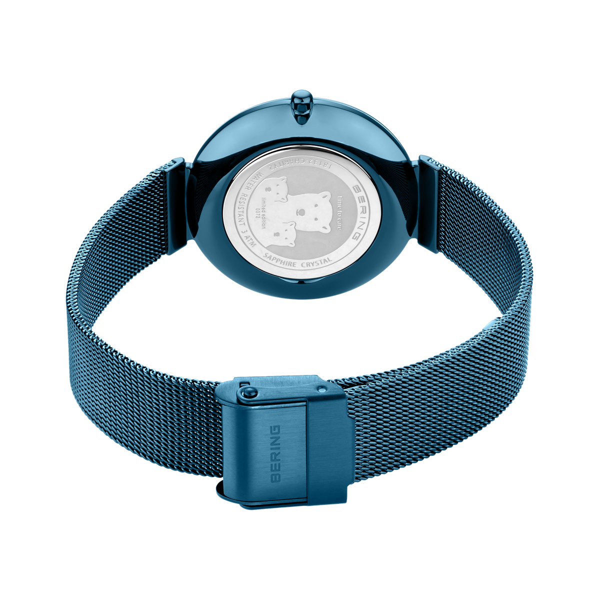 BERING Charity2 watch back view with light blue mesh band, showing caseback design