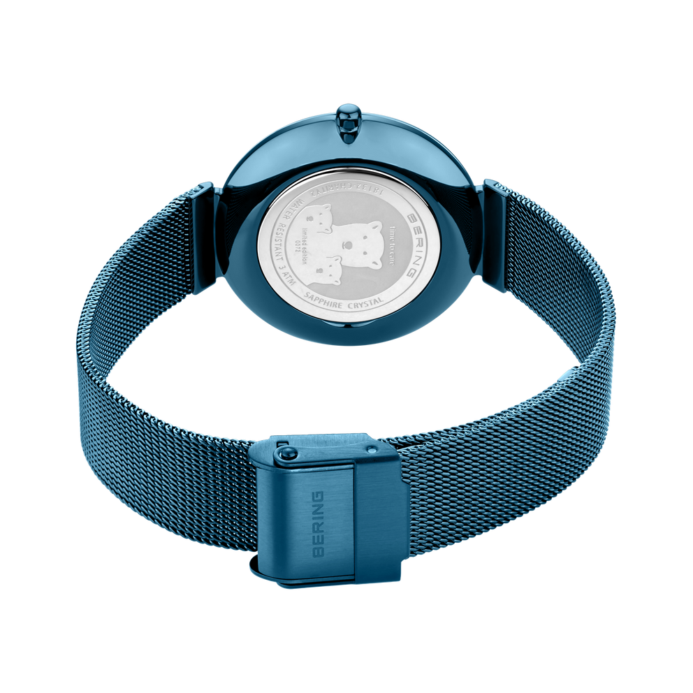 BERING Charity2 watch back view with light blue mesh band, showing caseback design