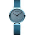 Light blue wristwatch with wavy face pattern and matching mesh band.