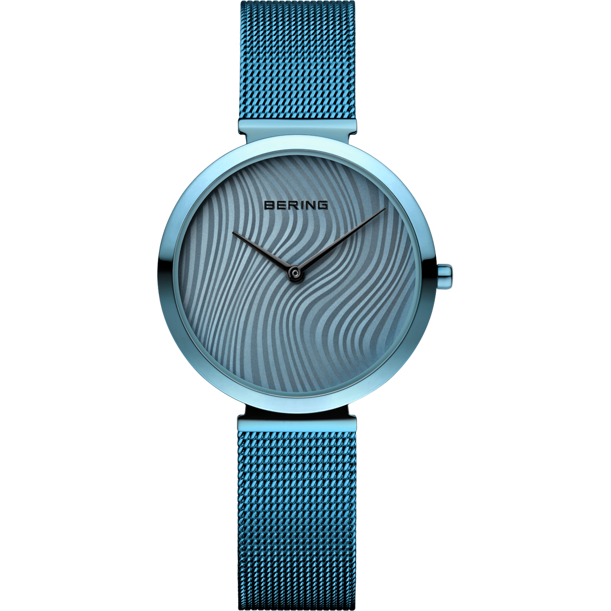 Light blue wristwatch with wavy face pattern and matching mesh band.