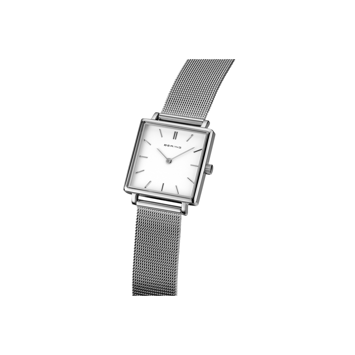 Vierkant BERING horloge met mesh band, gekanteld om bandstructuur te tonen