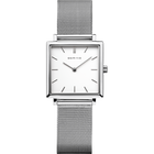Zilverkleurig BERING horloge met vierkante kast, witte wijzerplaat, zwarte uurmarkeringen en mesh-band