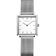 Zilverkleurig BERING horloge met vierkante kast, witte wijzerplaat, zwarte uurmarkeringen en mesh-band