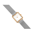 Square rose-gold watch case with white dial and gray textured band, displayed at an angle.