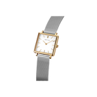 Square wristwatch with white dial, rose gold case, and silver mesh band, angled upward view