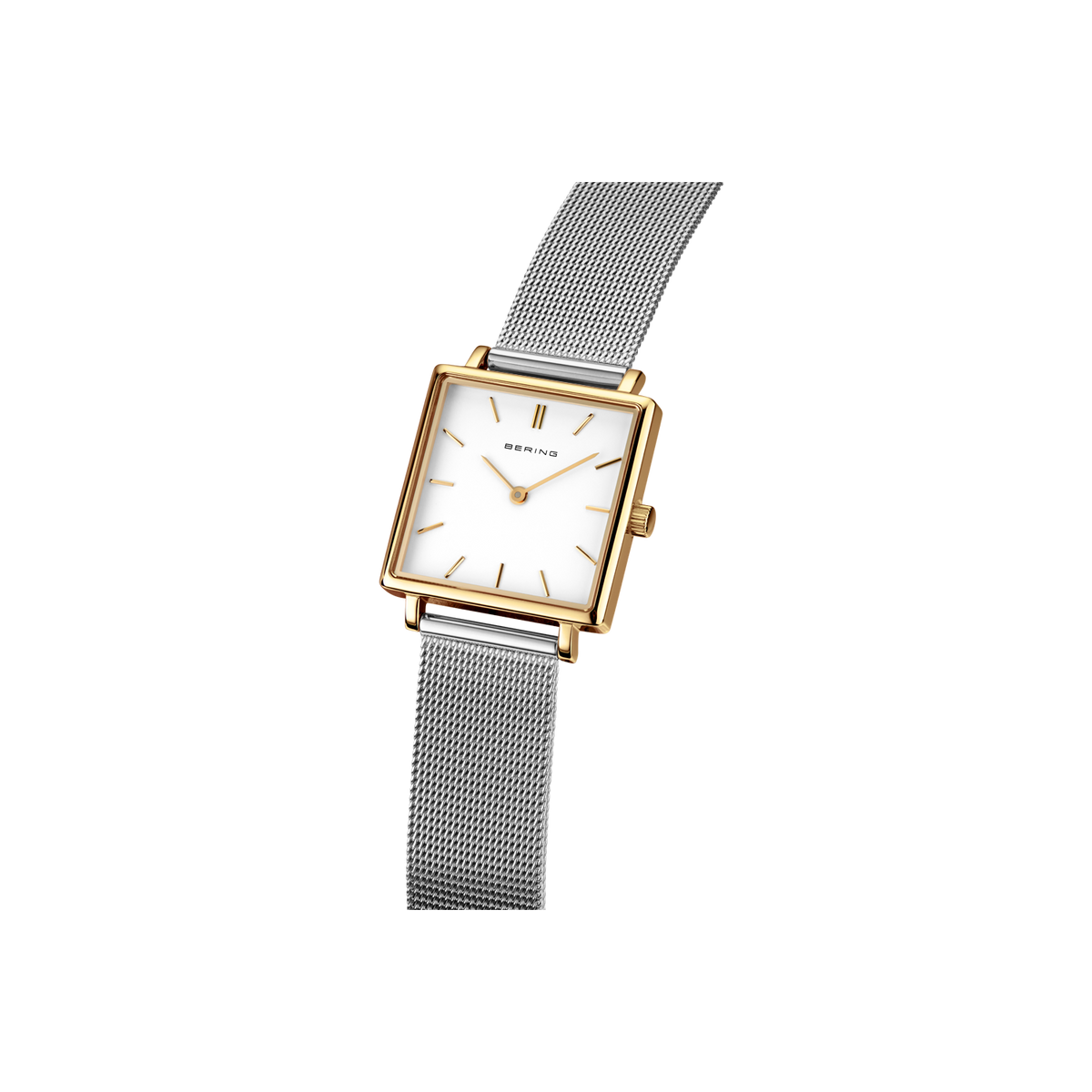 Square wristwatch with white dial, rose gold case, and silver mesh band, angled upward view