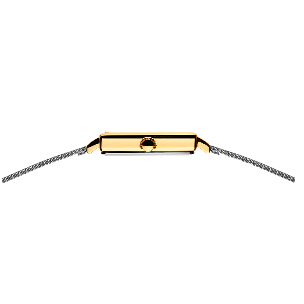 Rectangular gold watch case with crown, gray metal mesh bracelet, top view.